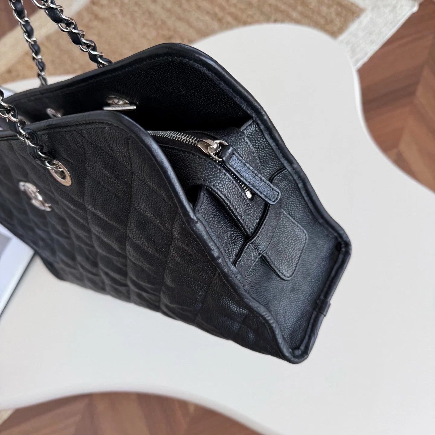Chanel Calfskin Tote Chain Shoulder Bag Black Silver Diamond Women Classic