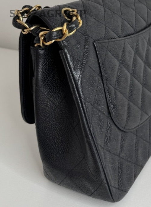 Chanel Jumbo Calfskin Diamond Chain Shoulder Bag Black Gold Women Classic
