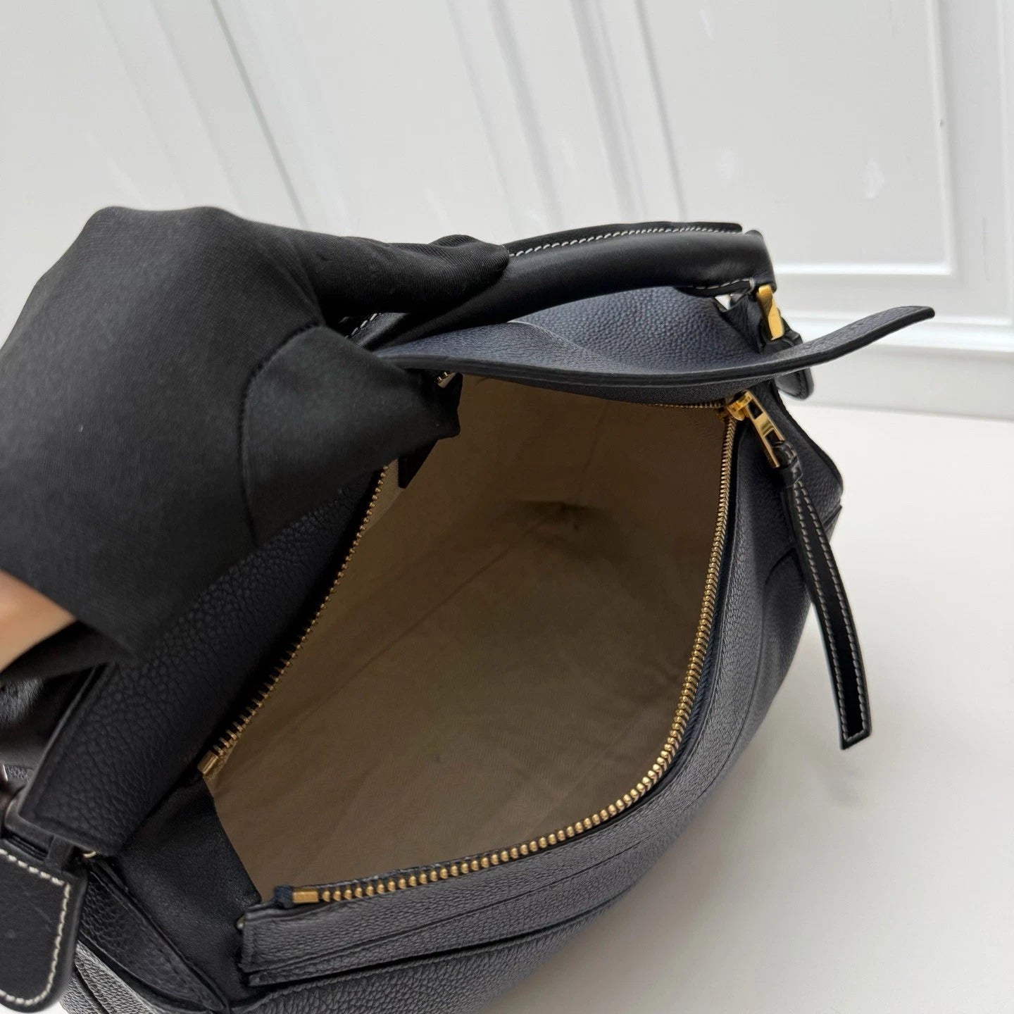 Loewe Puzzle Navy Calfskin Top Handle Crossbody Bag Gold Hardware Women