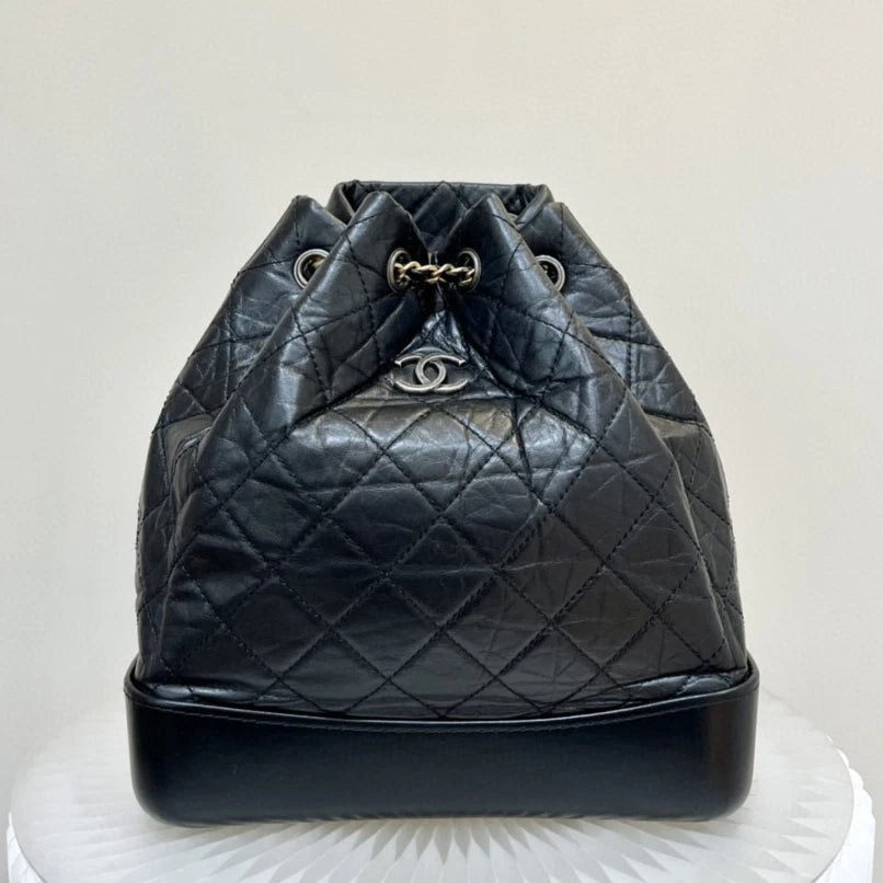 Chanel Gabrielle Chain Backpack Black Gold Diamond Women Classic