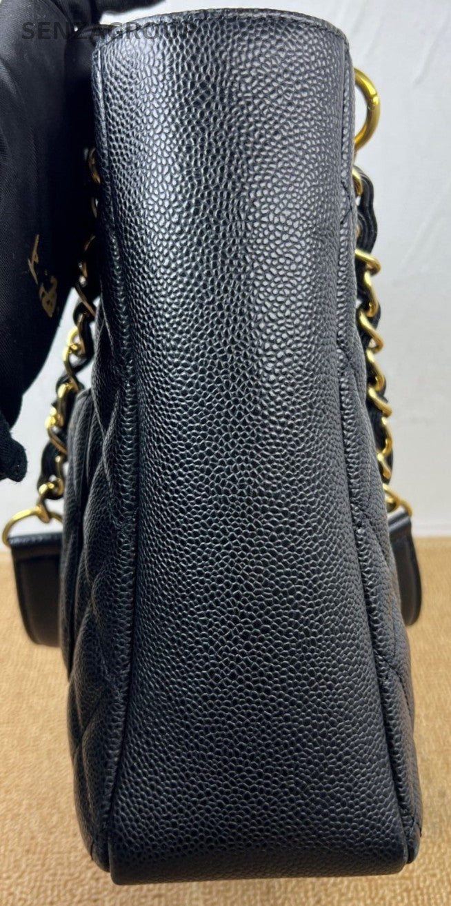 Chanel PST Calfskin Chain Shoulder Bag Black Gold Women Classic