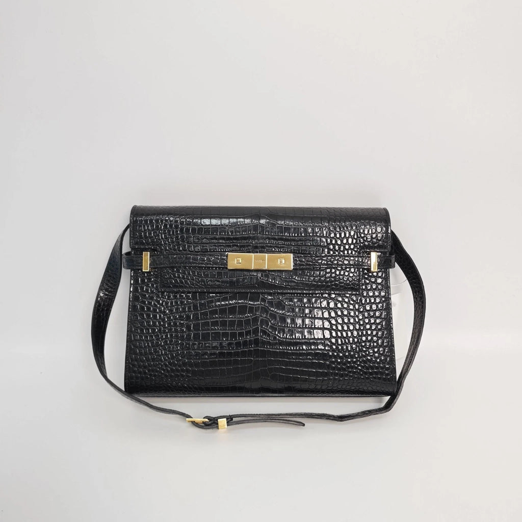 YSL Manhattan Medium Black Croc Embossed Leather Shoulder Bag Women