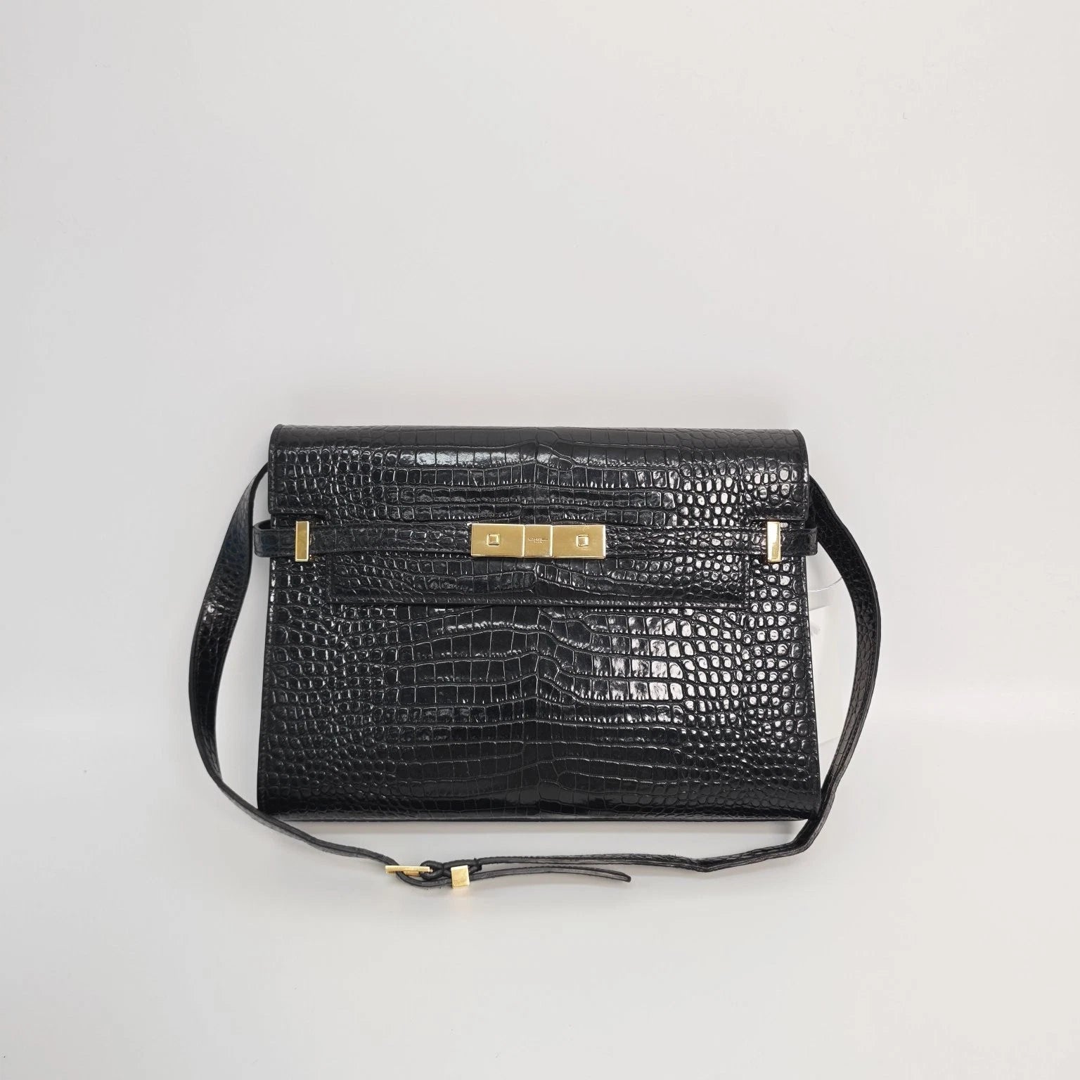 YSL Manhattan Medium Black Croc Embossed Leather Shoulder Bag Women