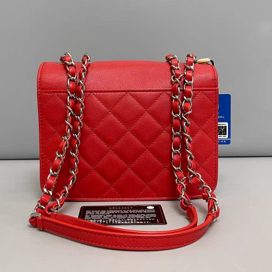 Chanel Cuba Calfskin Chain Shoulder Bag Crossbody Red Silver Women Classic