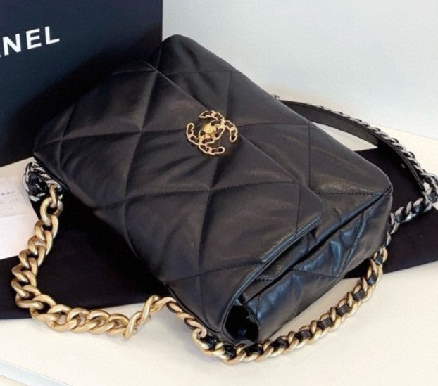 Chanel 19Bag MM Chain Top Handle Shoulder Bag Black Gold Women Classic Fashion