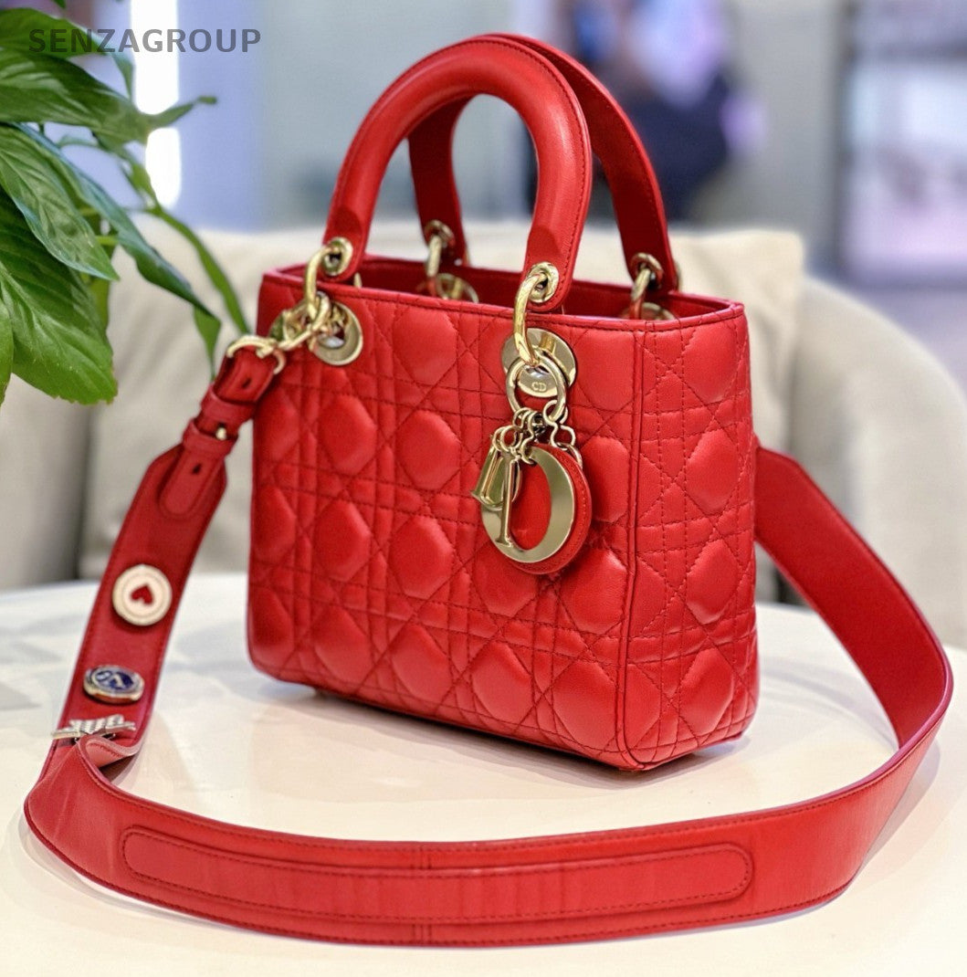 Christian Dior Lady Dior 2Way Crossbody Shoulder Bag Red Gold Women Classic