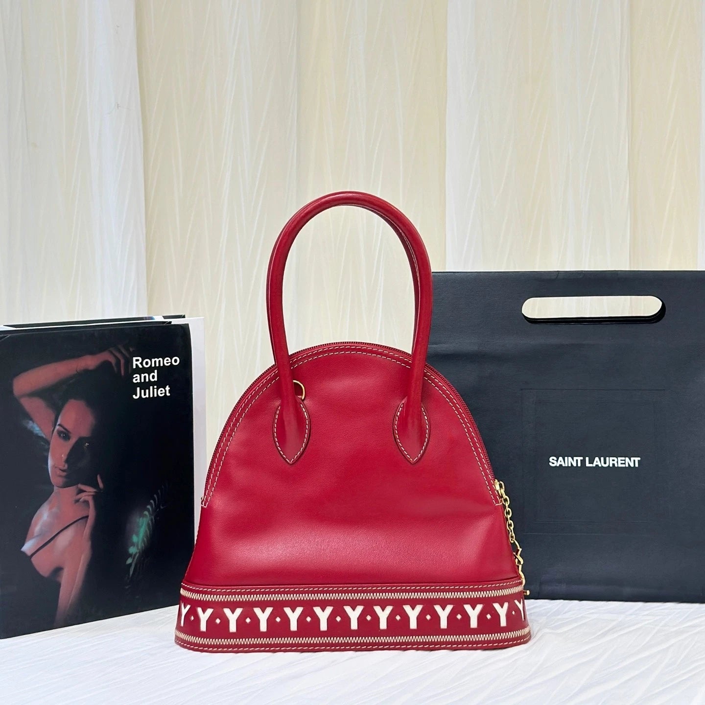 YSL Red White Y Line Shell Shoulder Handbag For Women