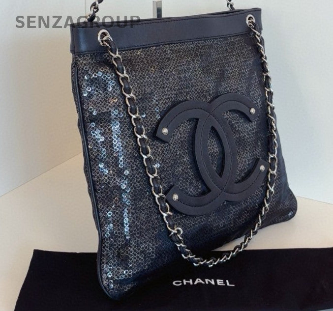 Chanel Calfskin Chain Tote Shoulder Bag Crossbody Black Silver Women Classic