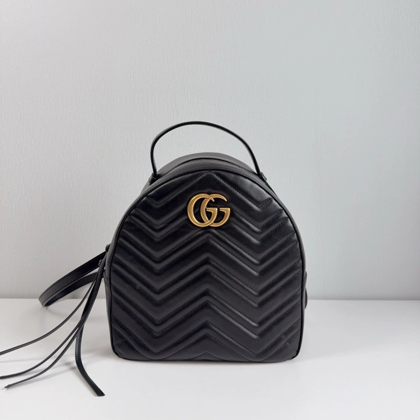 GUCCI Marmont Double G Black Gold Leather Backpack Handbag For Women