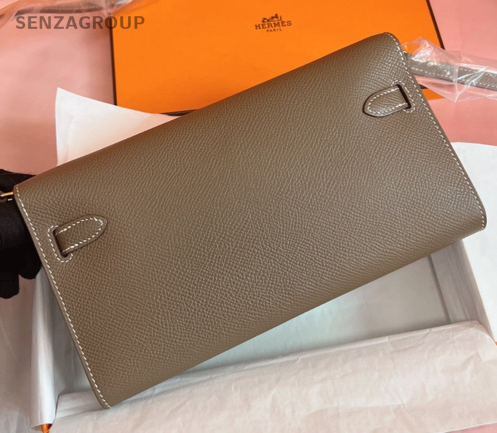 Hermes KellyToGo 2Way Clutch Shoulder Bag Gray Gold Women Classic Fashion