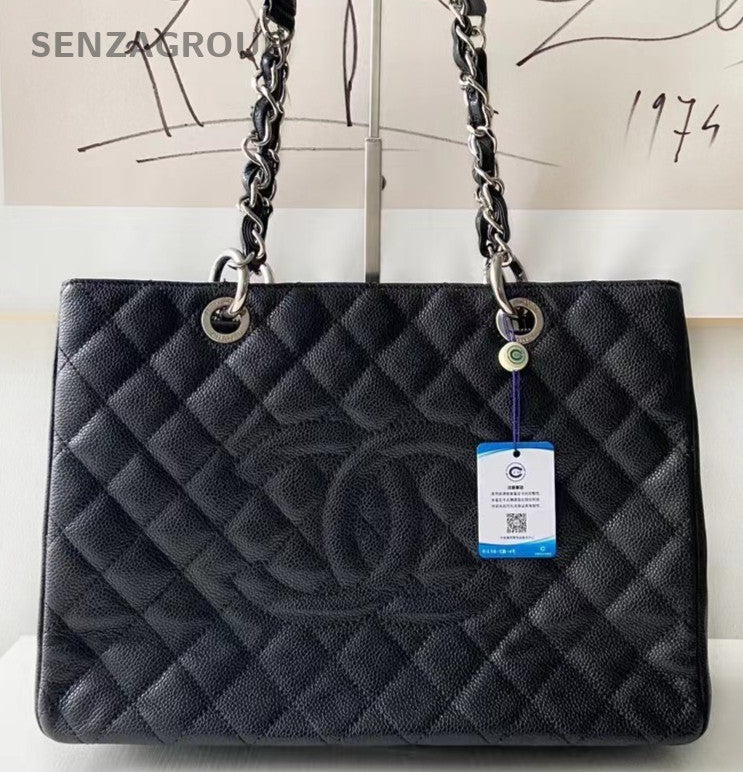 Chanel GST Calfskin Leather Chain Shoulder Bag Black Silver Women Classic