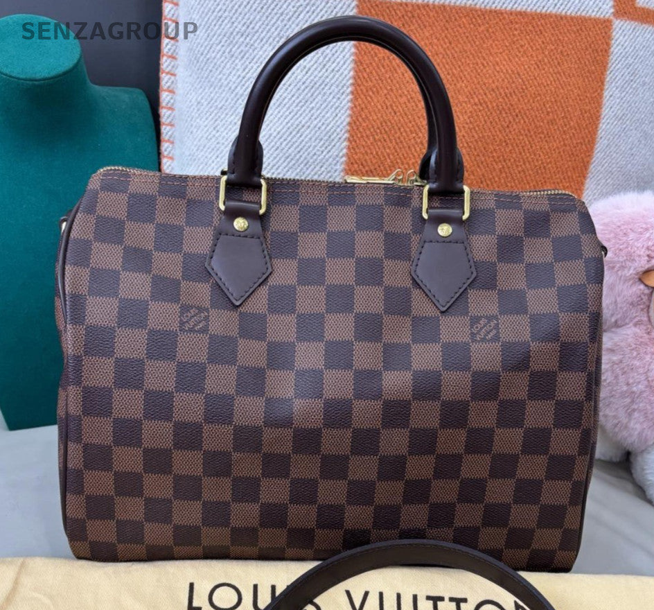 Louis Vuitton Speedy30 Damier Top Handle Bag Crossbody Brown Gold Women Classic