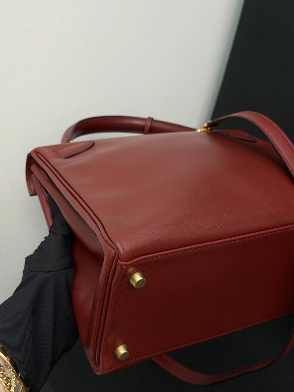Hermes Kelly28 Top Handle Bag Crossbody Red Gold Used Women Classic Fashion