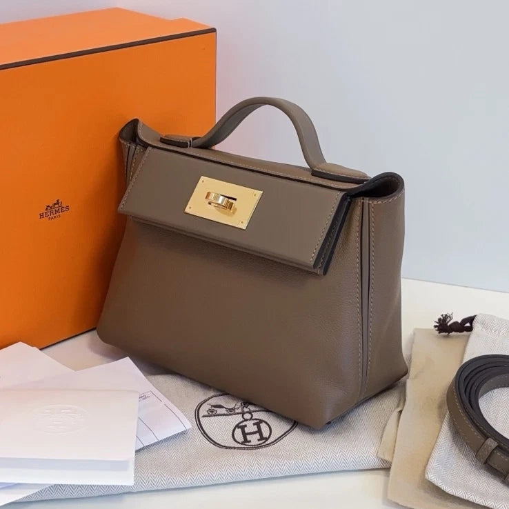 Hermes 2424 Mini Top Handle Crossbody Gray Gold Used Women Classic Fashion