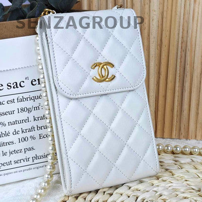 Chanel White Pearl Chain Shoulder Bag Quilted Gold Hardware