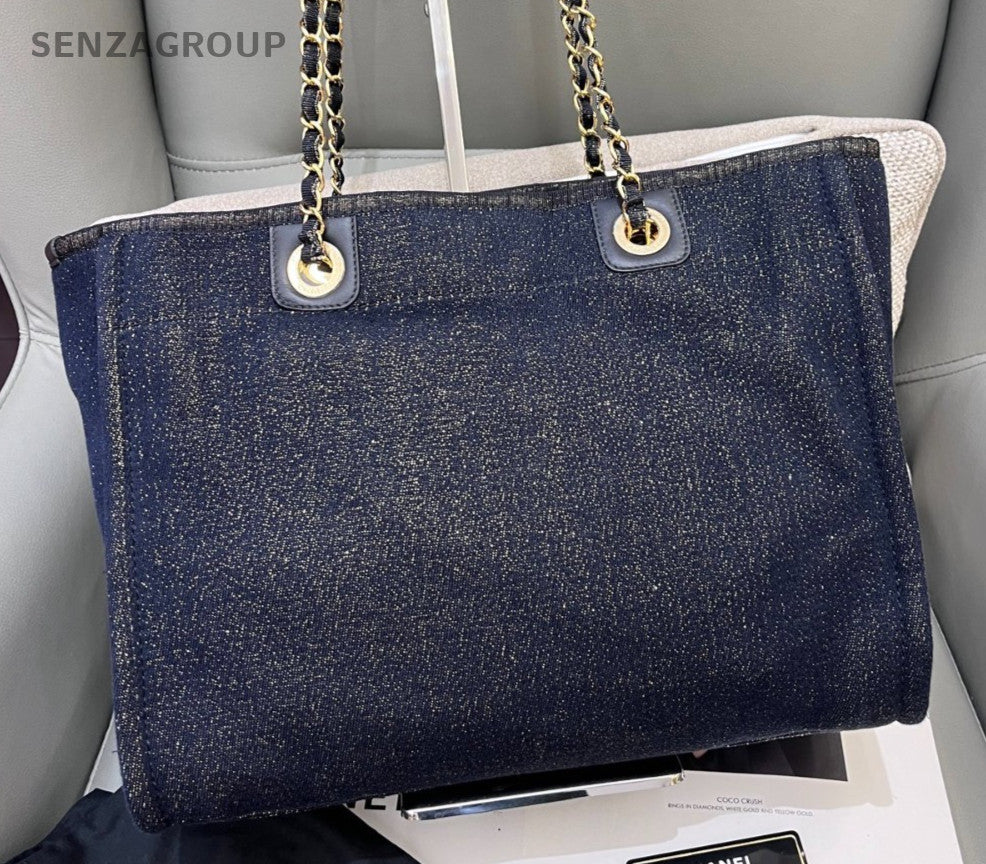 Chanel Denim Chain Tote Shoulder Bag Blue Gold Used Women Classic Fashion