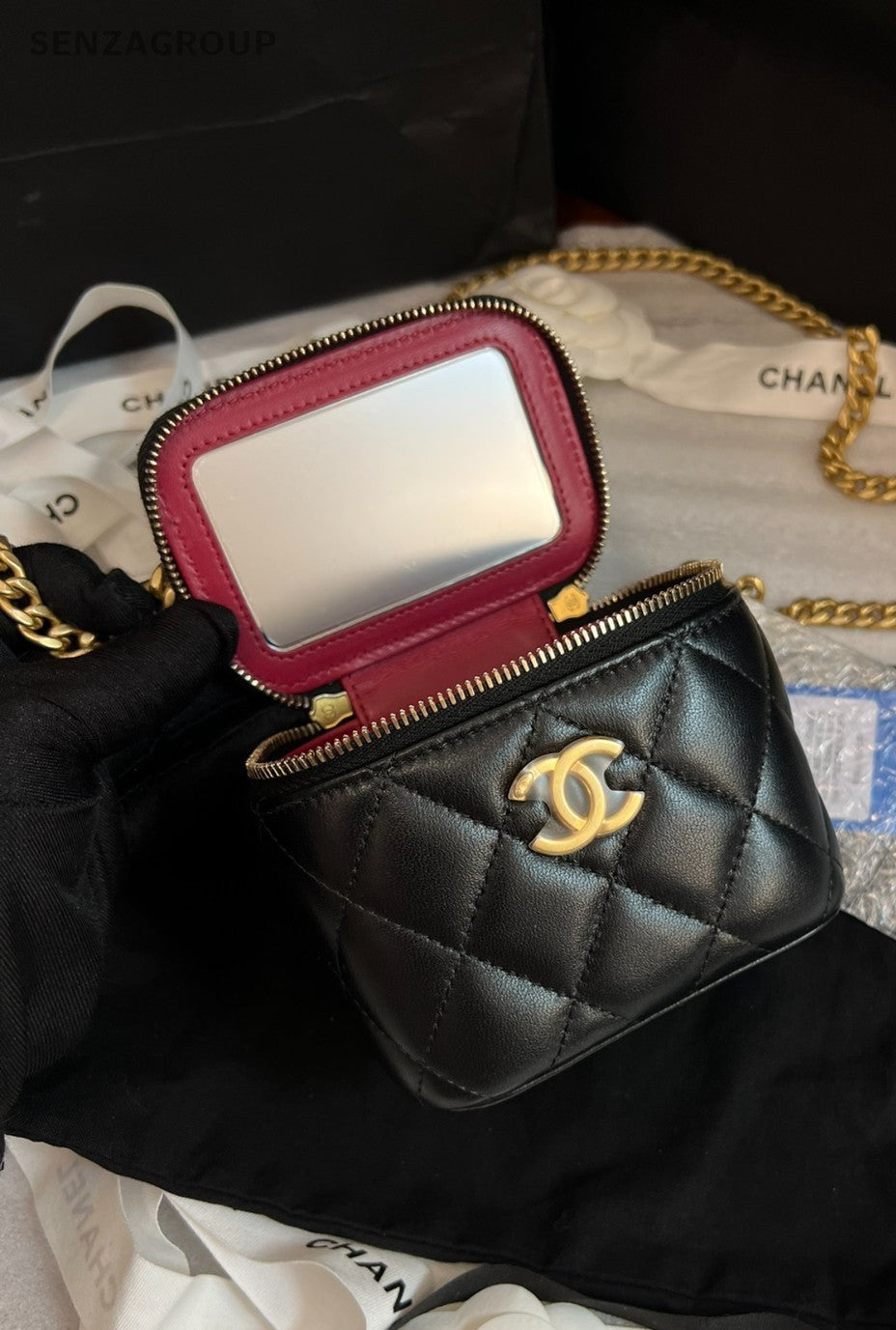 CHANEL 23S Camellia mini box Chain Shoulder Handbag Black Gold Women Brand NEW