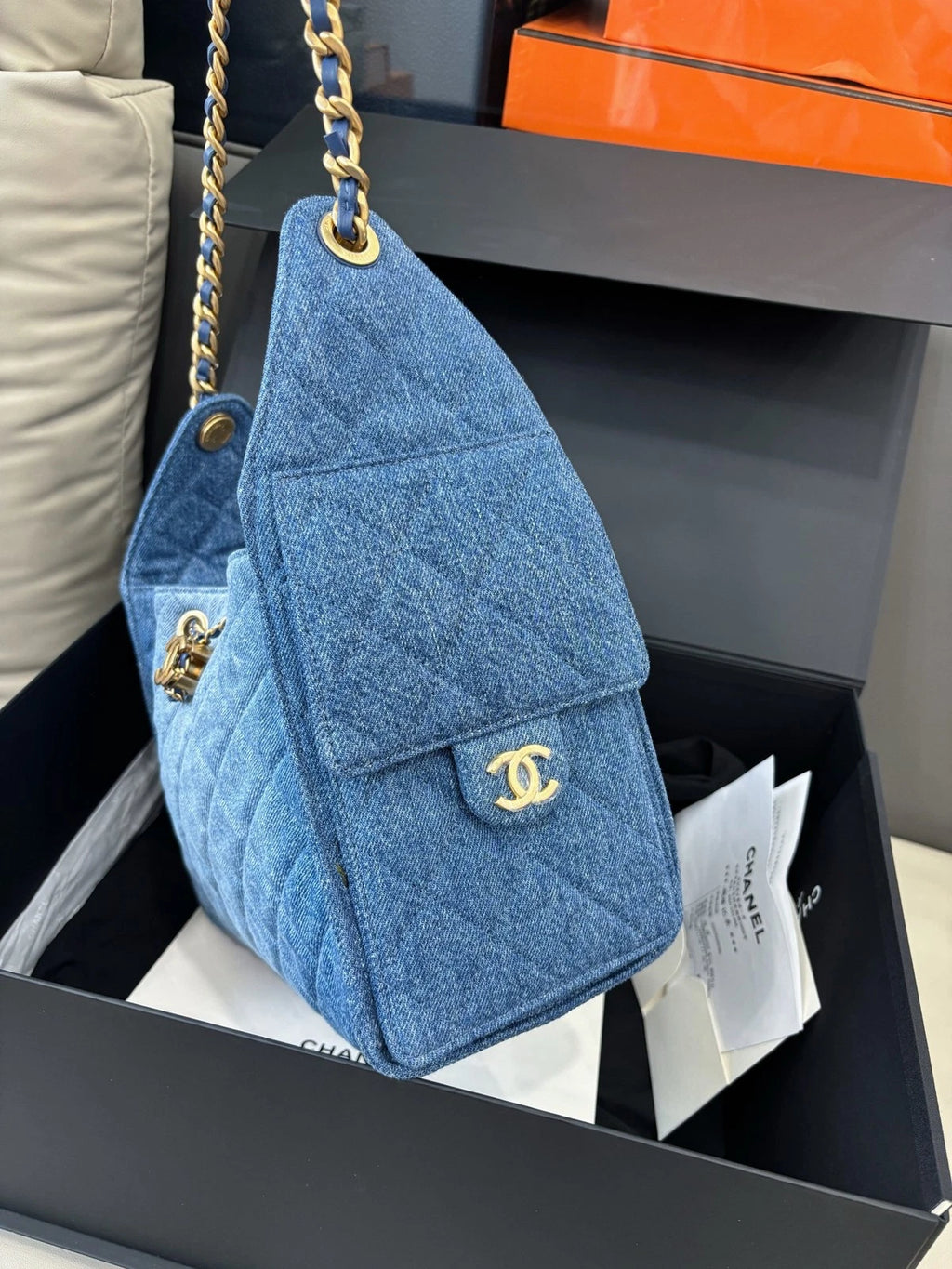 Chanel 25 Small Denim Hobo Shoulder Bag Casual Crossbody Blue Gold
