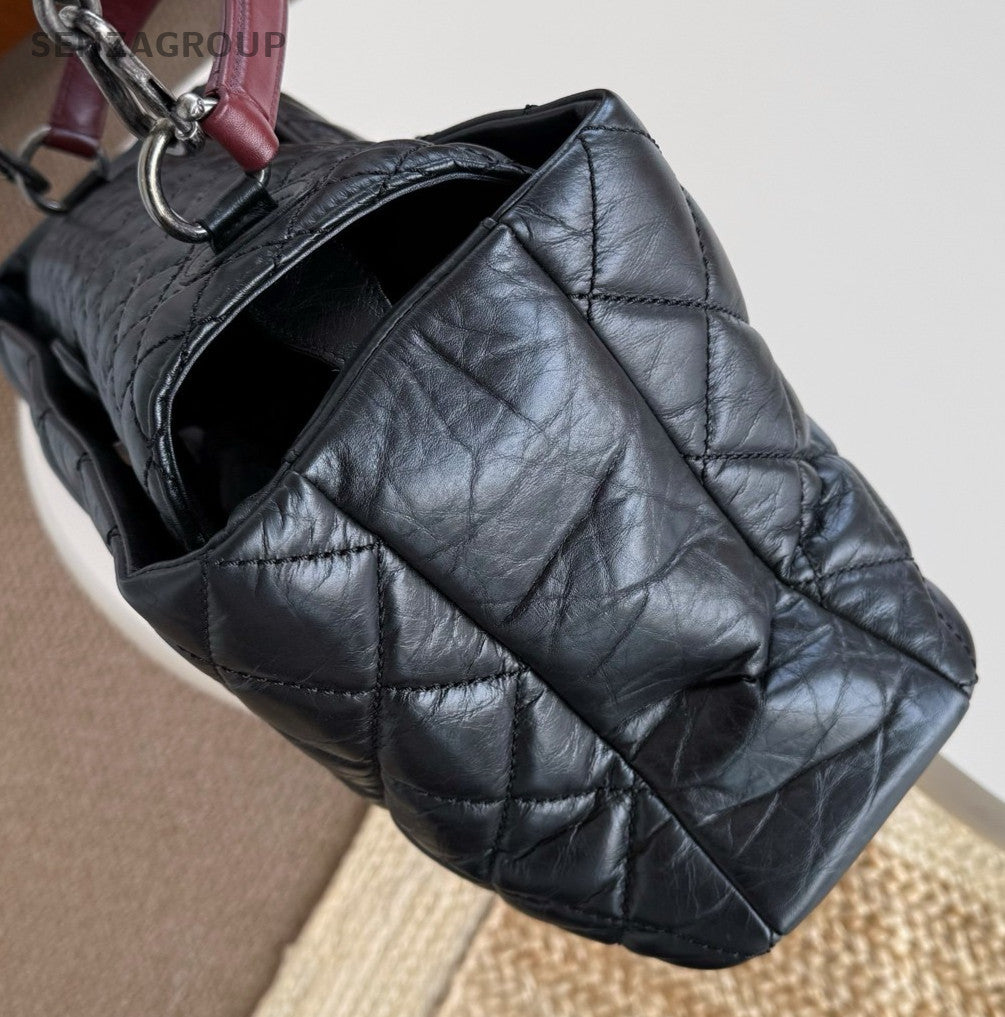 Chanel Calfskin Chain Diamond Top handle bag Shoulder Bag Black Silver Women