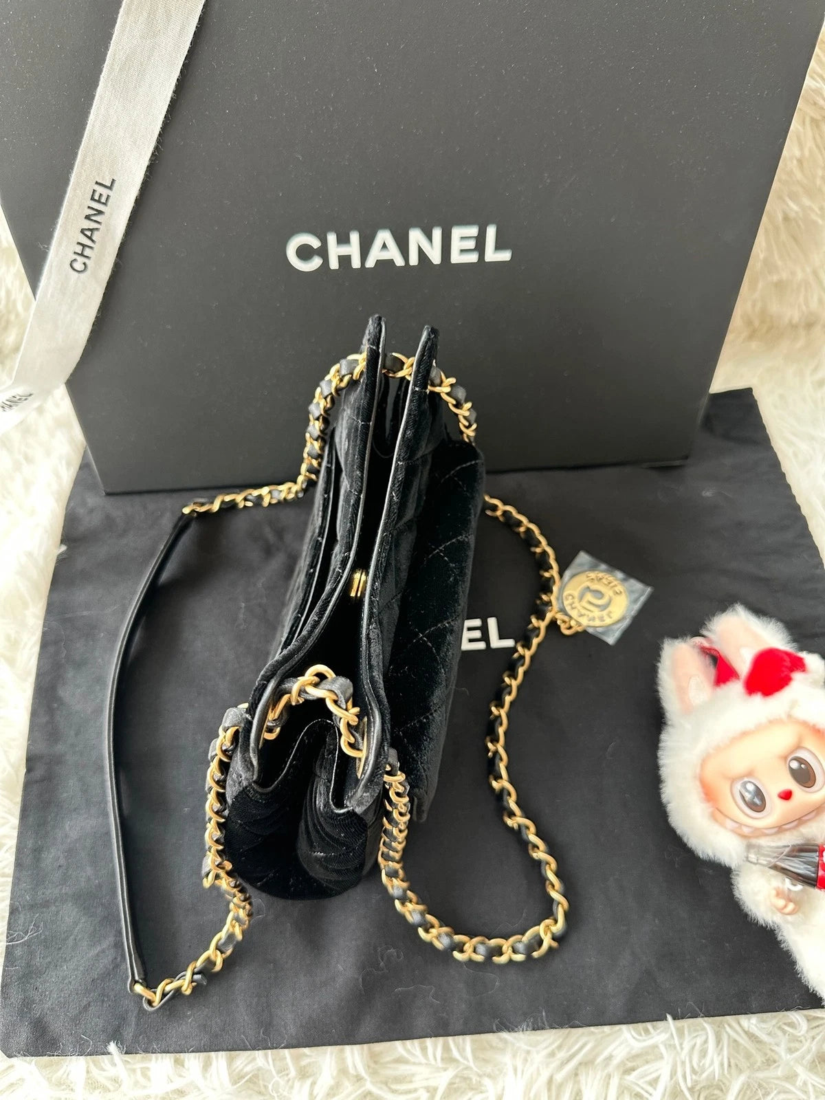 CHANEL Small Black Gold Velvet Shoulder Bag For Women