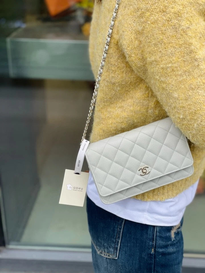 CHANEL Rotating Buckle Light Green Leather WOC Crossbody Bag For Women