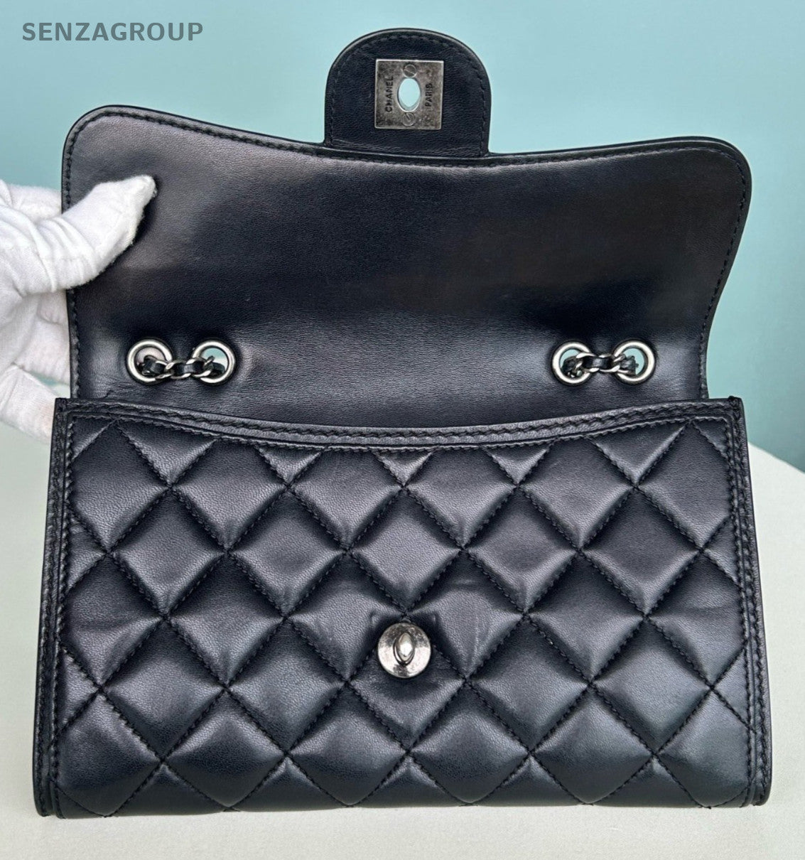 Chanel WOC Lambskin Chain Diamond Shoulder Bag Crossbody Black Silver Women