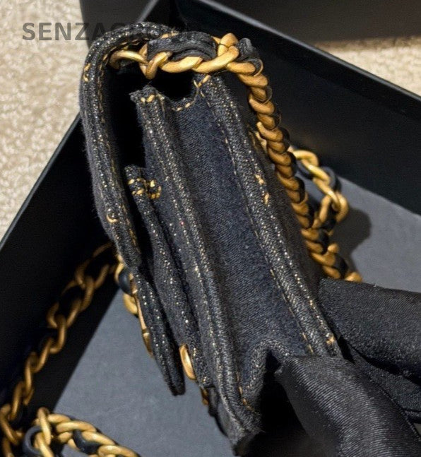 Chanel Diamond Mini Denim Chain Shoulder Bag Crossbody Black Gold Women Classic