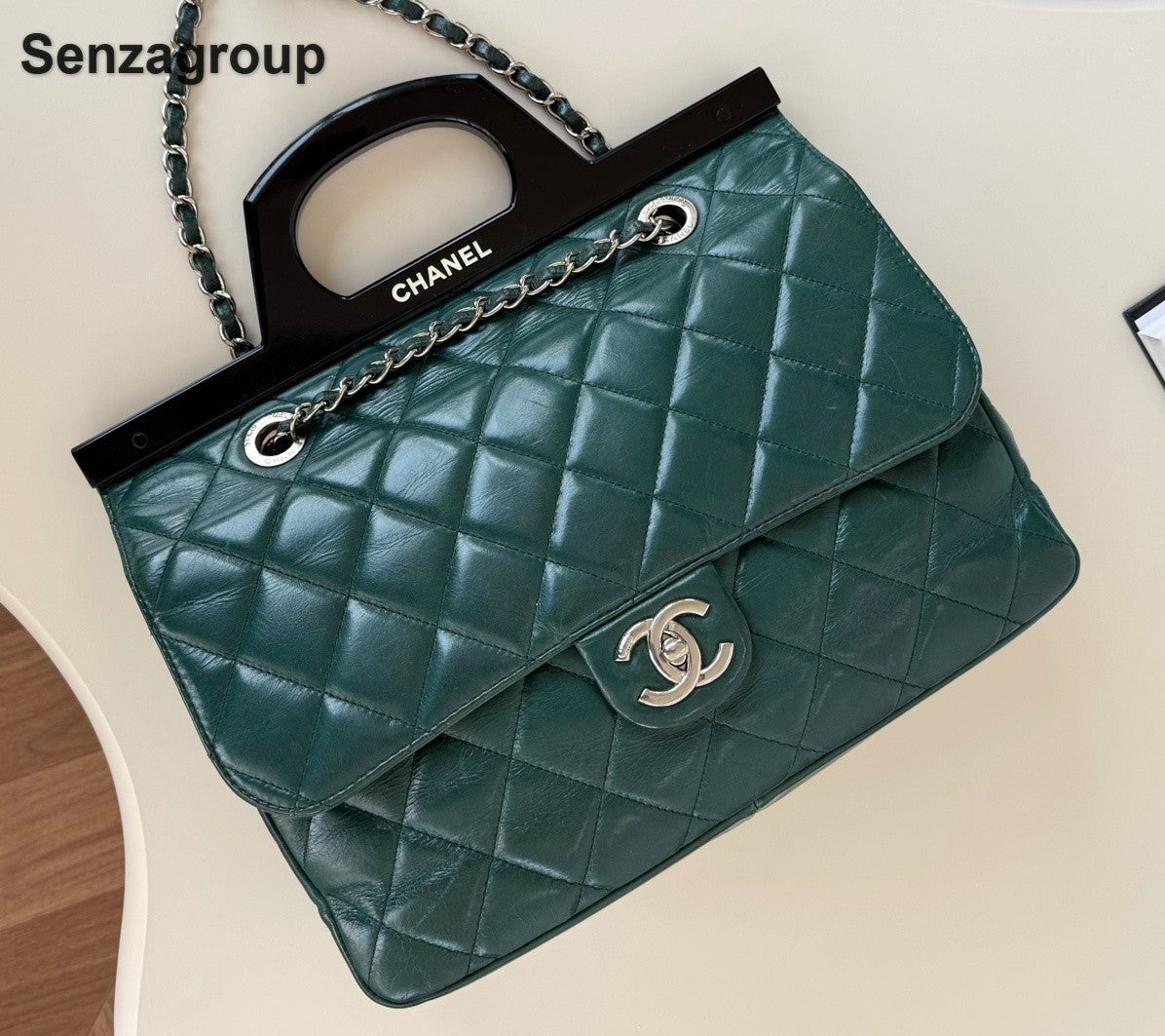 Chanel Diamond Chain Top Handle Shoulder Crossbody Green Silver Women Classic