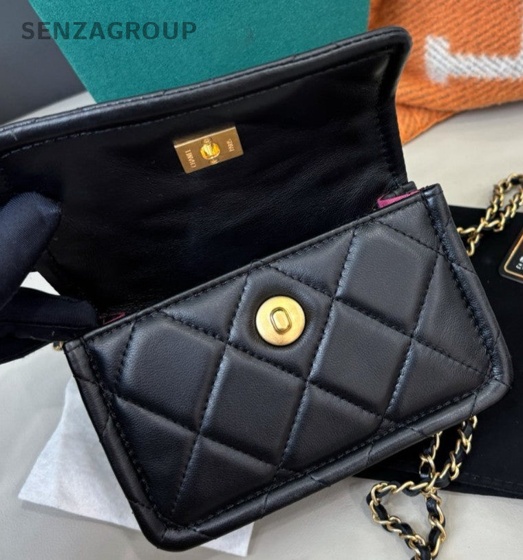 Chanel Diamond Mini Chain Shoulder Bag Crossbody Black Gold Women Classic