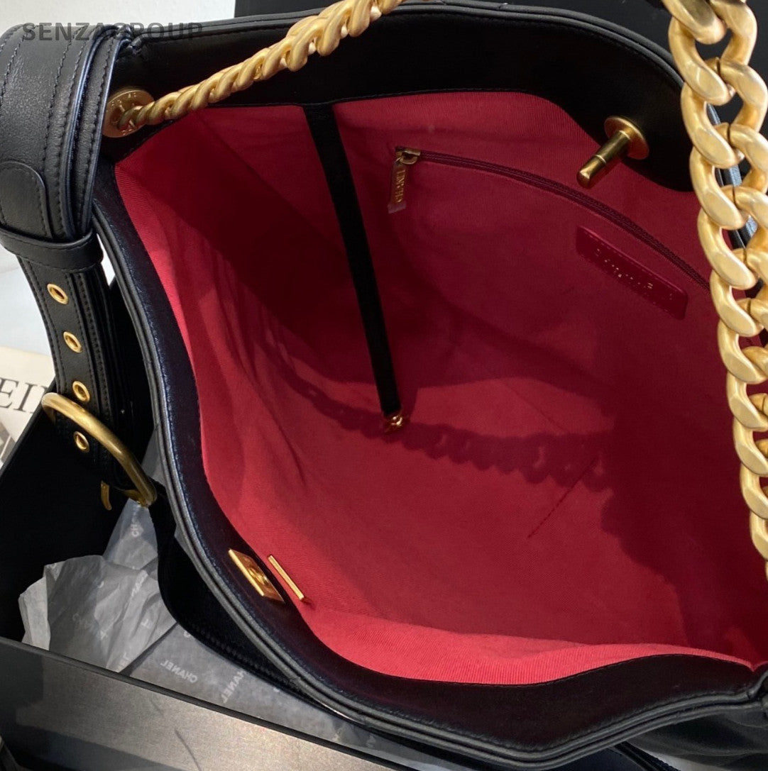 Chanel 21 Hobo GM Chain Shoulder Bag Diamond Black Gold Women Classic Vintage