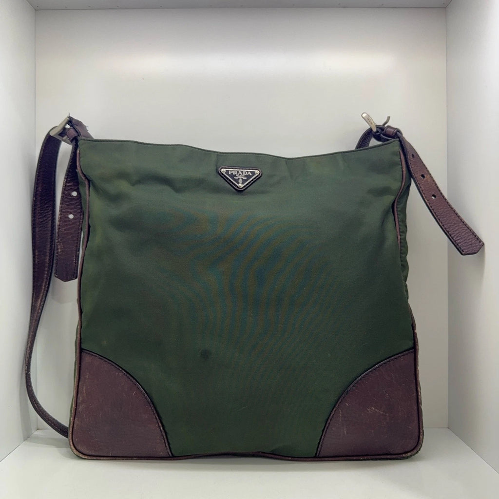 PRADA Women Triangle Logo Nylon Leather Tote Crossbody Shoulder Bag
