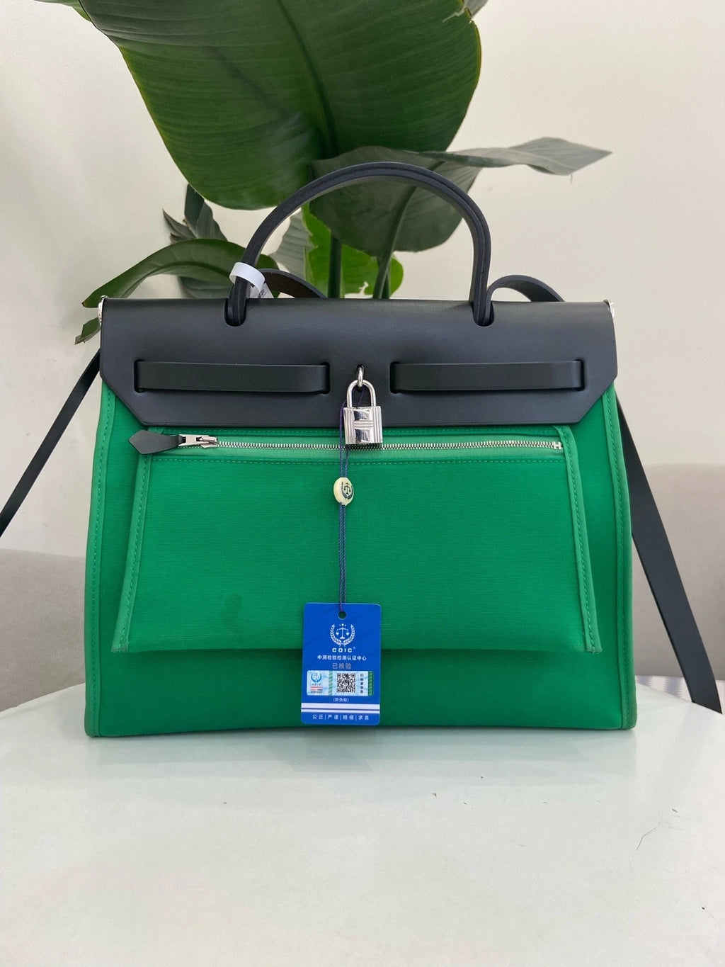 Hermes Herbag31 Green Canvas Leather Shoulder Bag For Women