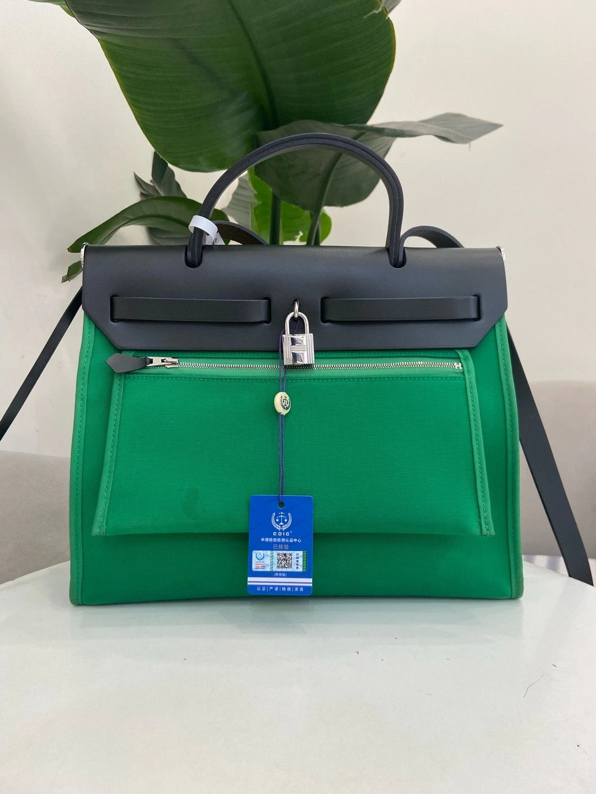 Hermes Herbag31 Green Canvas Leather Shoulder Bag For Women