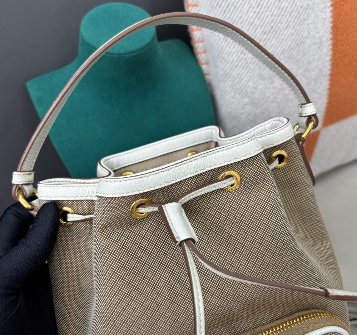 Prada Canvas Drawstring Bucket Top Handle Bag Crossbody Brown White Gold Women