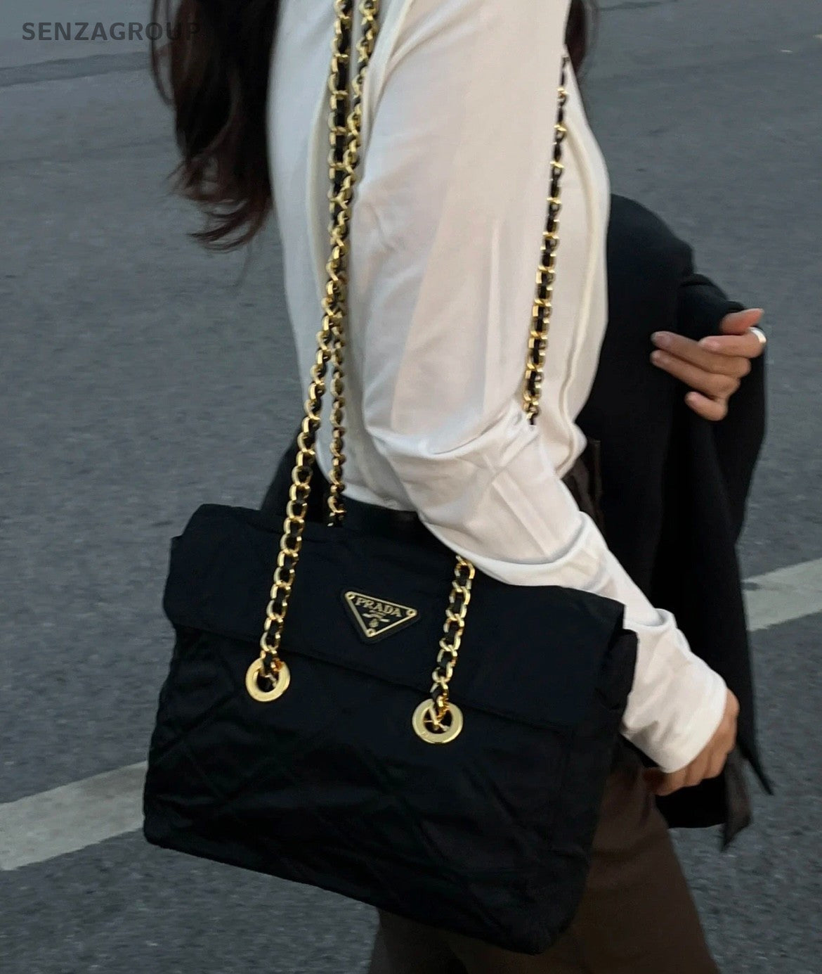 Prada Quilted Canvas Shoulder Crossbody Bag Classic Black Women