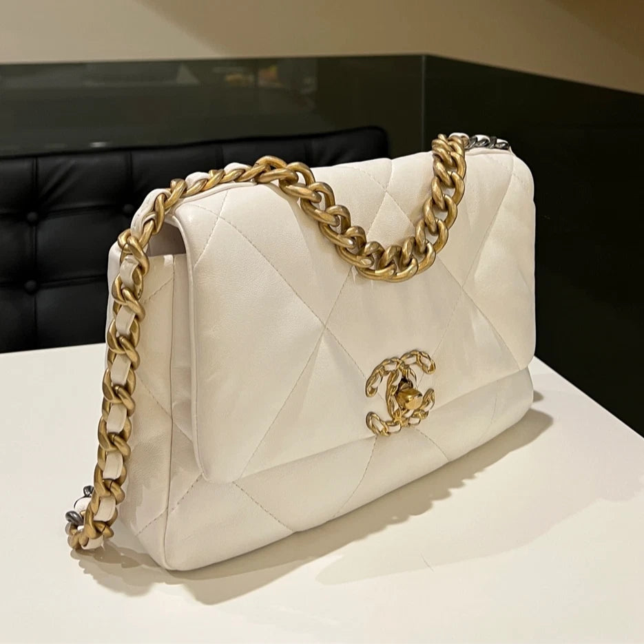 CHANEL 19 Flap Bag PM White Chain Shoulder Crossbody Bag Women Classic