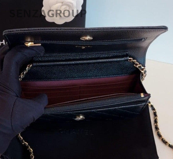 Chanel WOC Chain Diamond Crossbody Shoulder Bag Black Gold Used Women Fashion