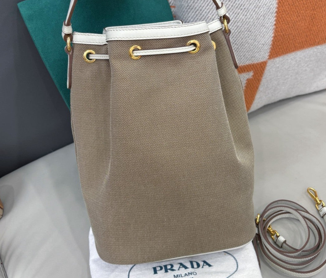 Prada Canvas Drawstring Bucket Top Handle Bag Crossbody Brown White Gold Women