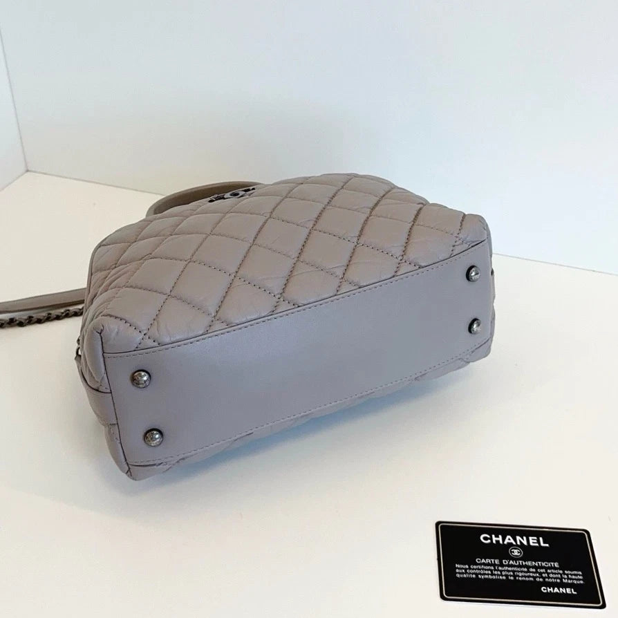 Authentic Chanel Bowling PM Chain Oil Wax Top Handle Shoulder Bag Grey SHD