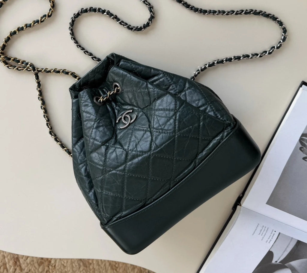 Chanel Gabrielle PM Chain Calfskin Backpack Green Gold Diamond Women Classic