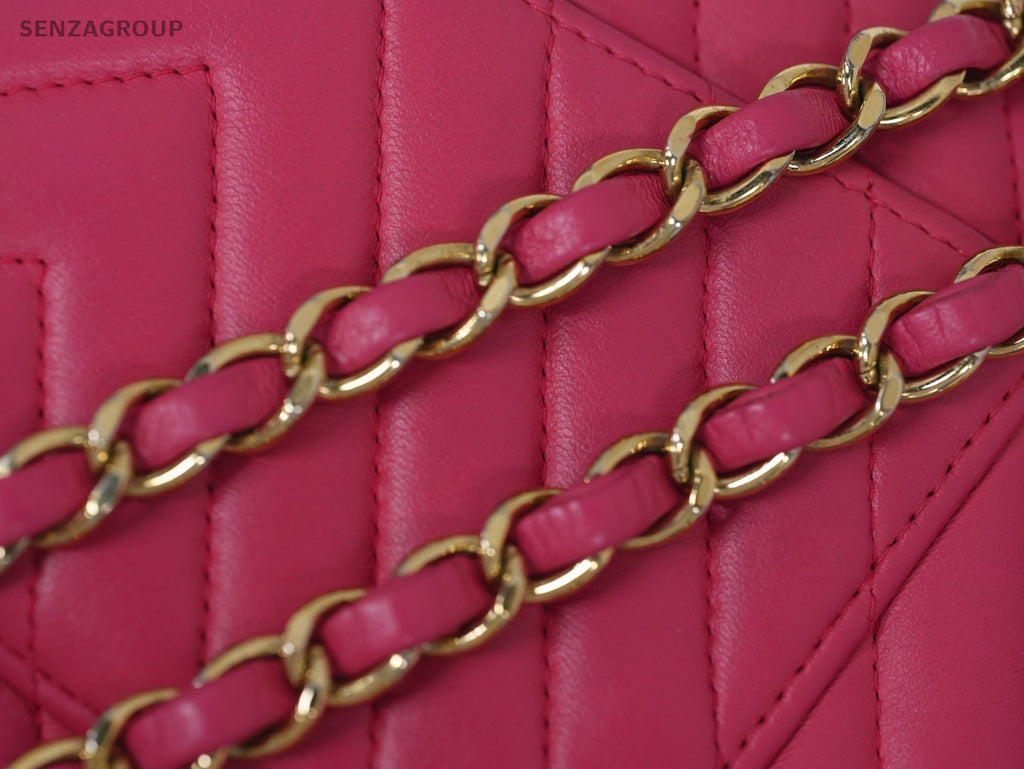 CHANEL Classic Flap MM V-Shape Pattern Chain Shoulder bag Pink Gold Women