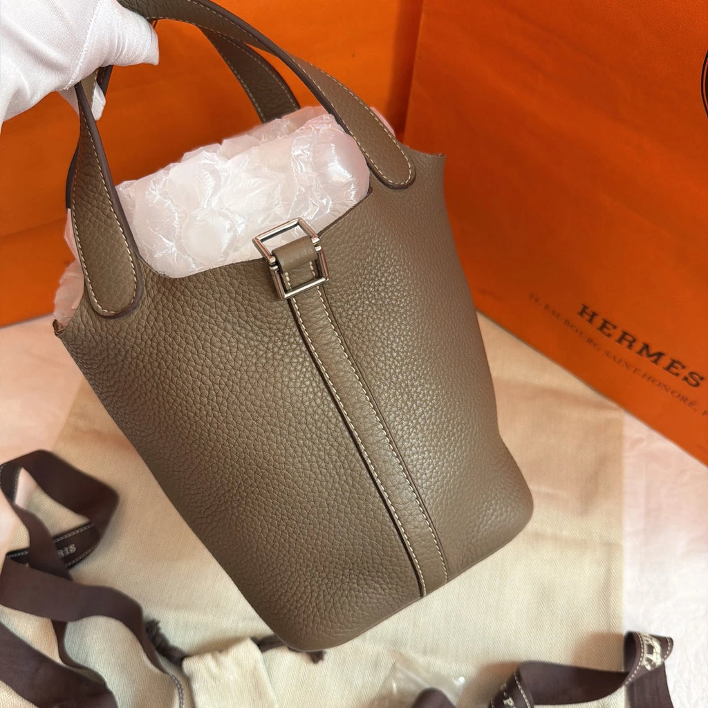 Excellent Hermes Picotin18 Tote Gray Handbag Silver Hardware with Key and Lock