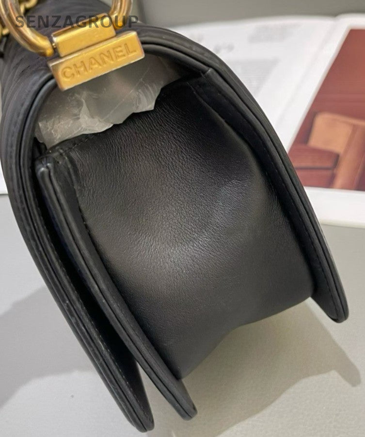 Chanel Leboy PM Calfskin Chain Shoulder Bag Crossbody Black Gold Women Classic