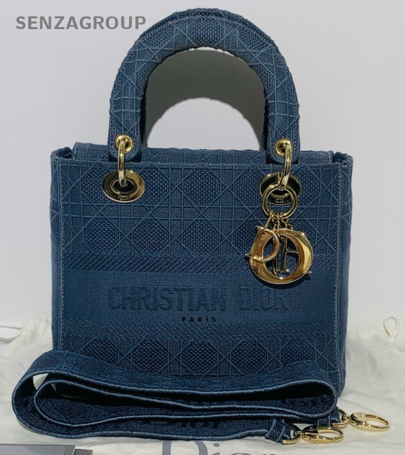 Christian Dior Lady Dior Top Handle Bag Blue Gold Used Women Classic Designer