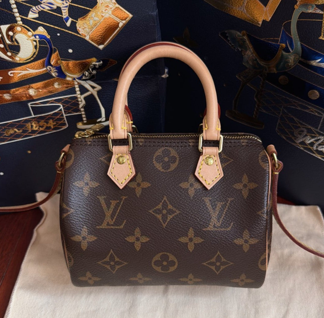 Louis Vuitton Speedy Nano Monogram Top Handle Crossbody Brown Women Classic