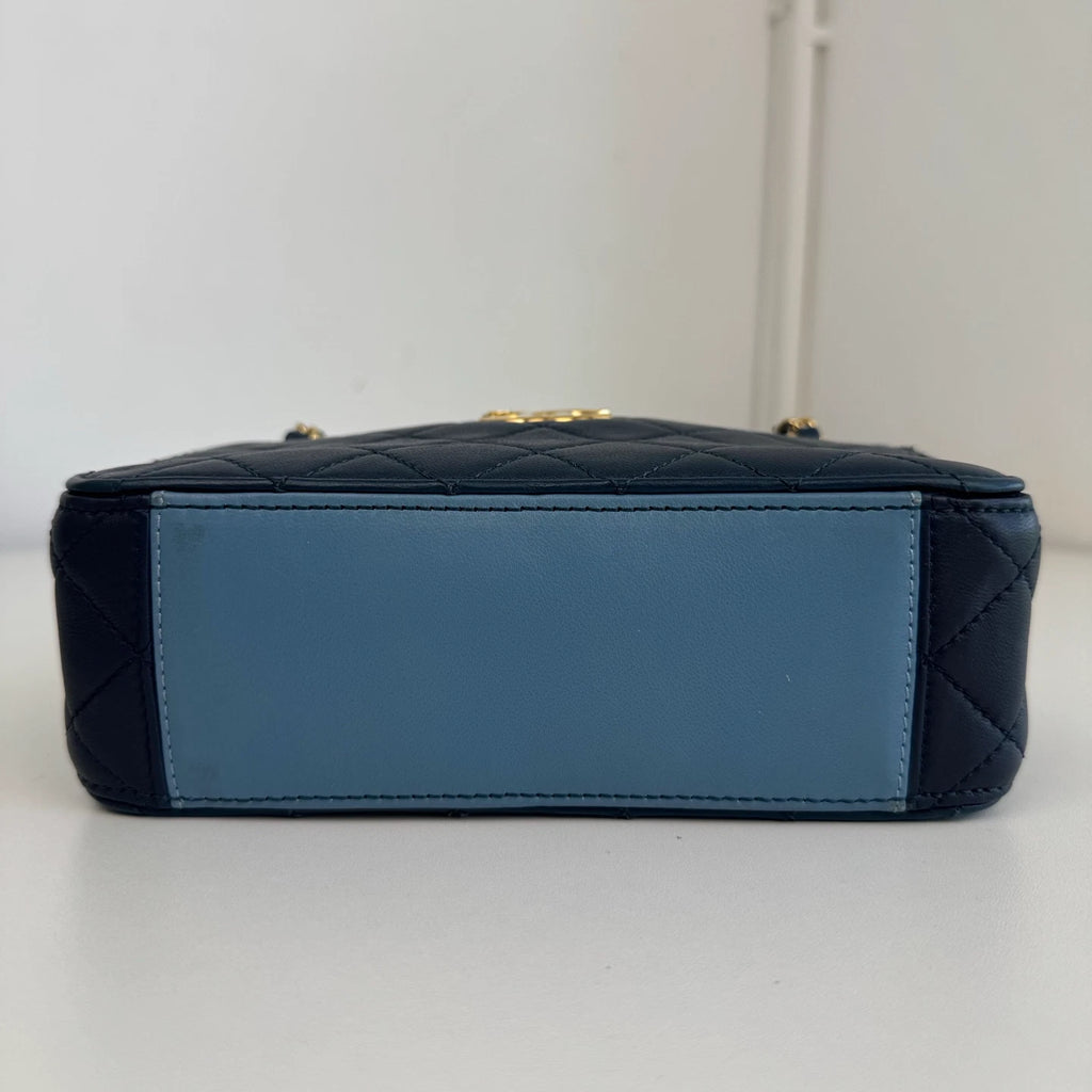 Chanel Diamond Camera Bag Double Chain Blue Shoulder Bag Gold Hardware