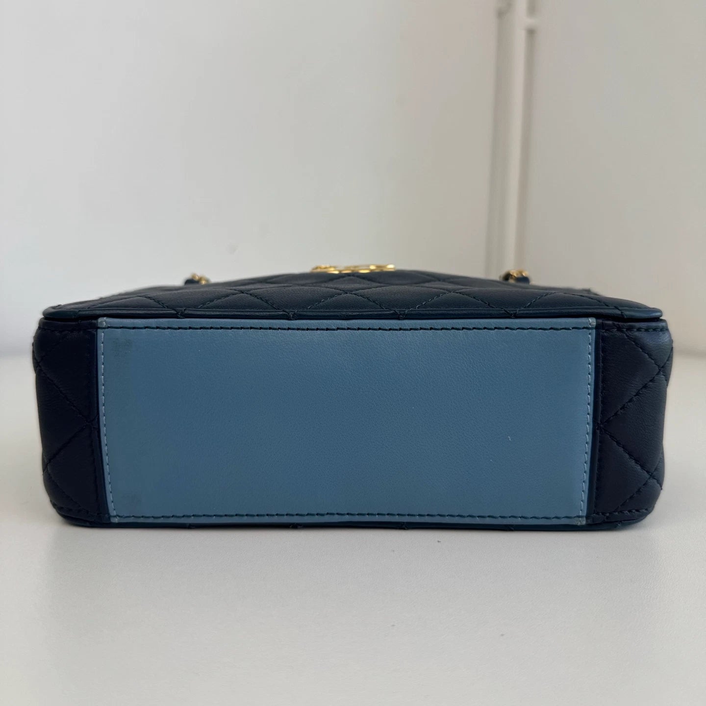 Chanel Diamond Camera Bag Double Chain Blue Shoulder Bag Gold Hardware