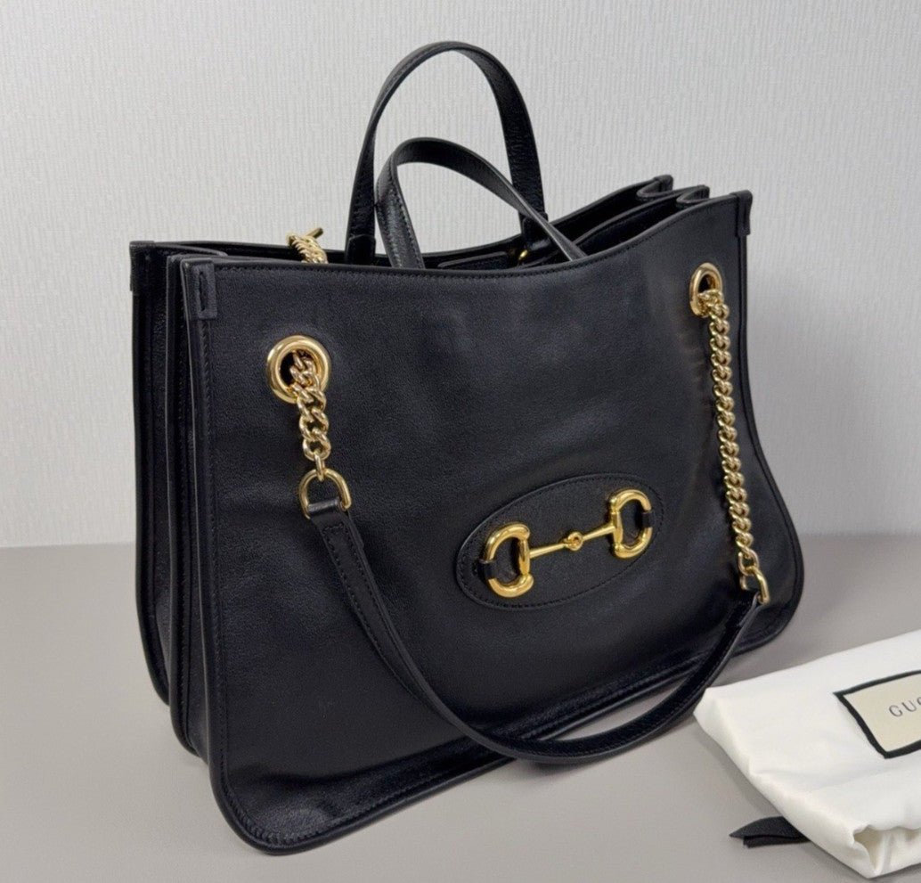 Gucci Horsebit1955 MM Tote Top Handle Chain Shoulder Bag Black Gold Used Women
