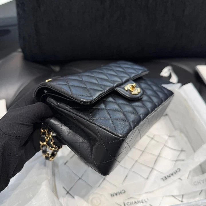 Chanel Classic Flap PM Lambskin Chain Shoulder Bag Black Gold Hardware Women D
