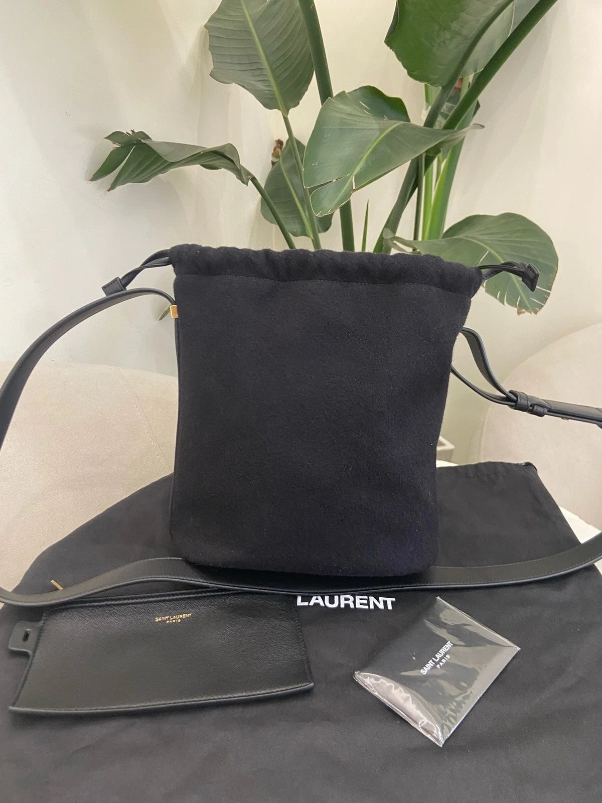 Saint Laurent Women Embroidered Leather Drawstring Bucket Bag